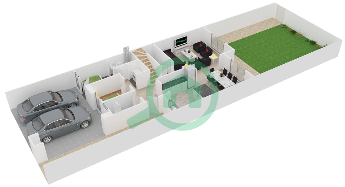 المخططات الطابقية لتصميم النموذج 3 MIDDLE UNIT فیلا 3 غرف نوم - الریم 1 Ground Floor interactive3D
