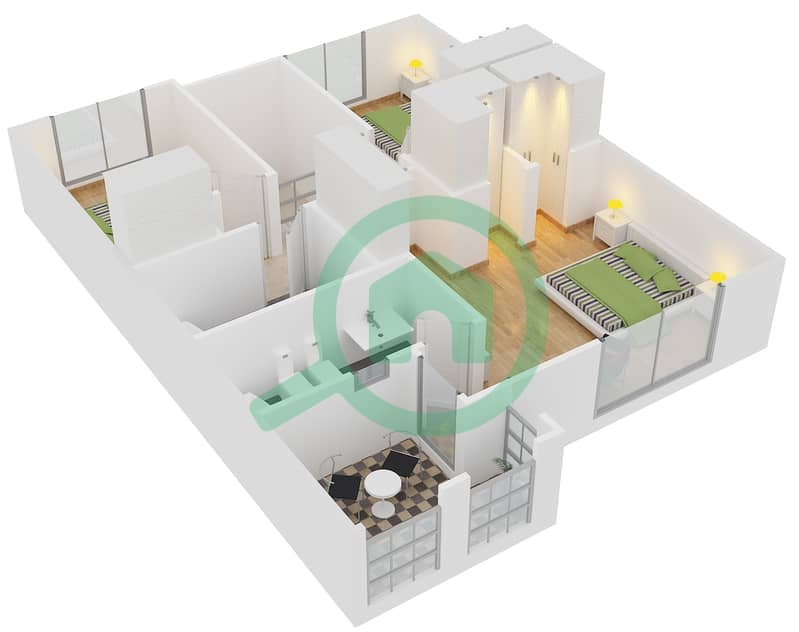 المخططات الطابقية لتصميم النموذج 3 MIDDLE UNIT فیلا 3 غرف نوم - الریم 1 First Floor interactive3D