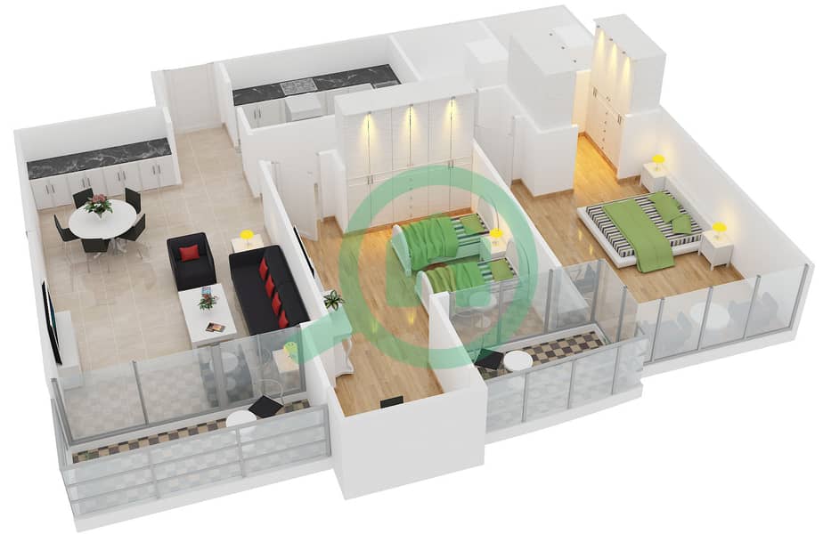 المخططات الطابقية لتصميم النموذج B شقة 2 غرفة نوم - برج إنديغو interactive3D