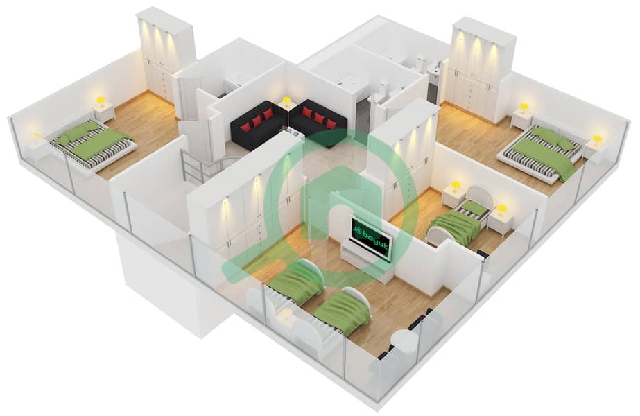 المخططات الطابقية لتصميم النموذج A بنتهاوس 4 غرف نوم - برج إنديغو interactive3D