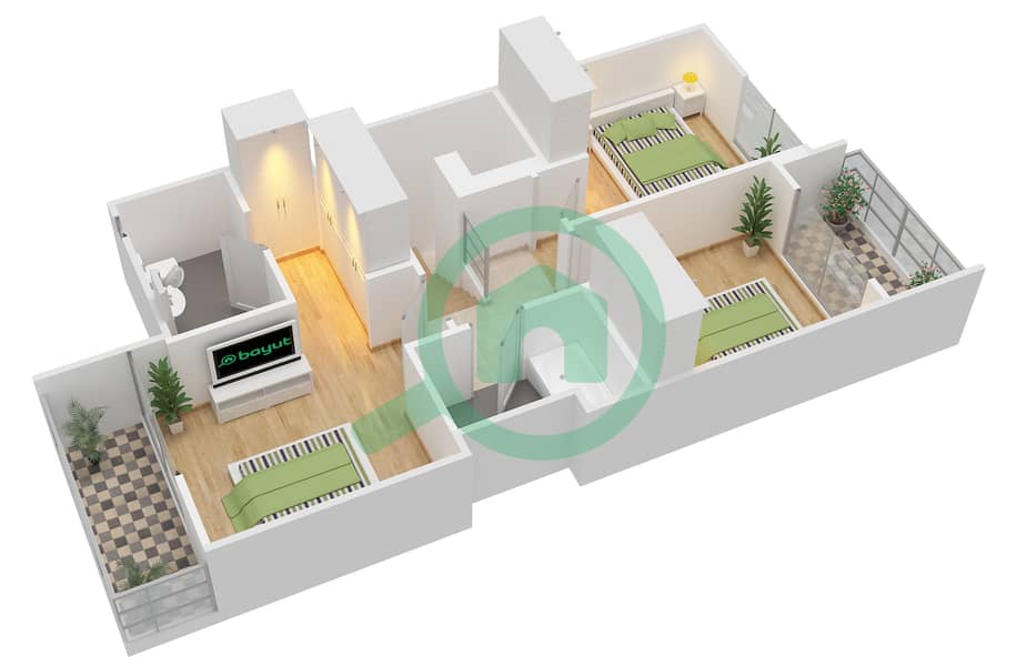 المخططات الطابقية لتصميم النموذج 1 MIDDLE تاون هاوس 3 غرف نوم - جوي First Floor interactive3D