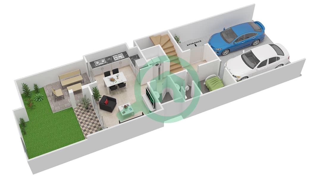 المخططات الطابقية لتصميم النموذج 2 MIDDLE تاون هاوس 3 غرف نوم - جوي Ground Floor interactive3D