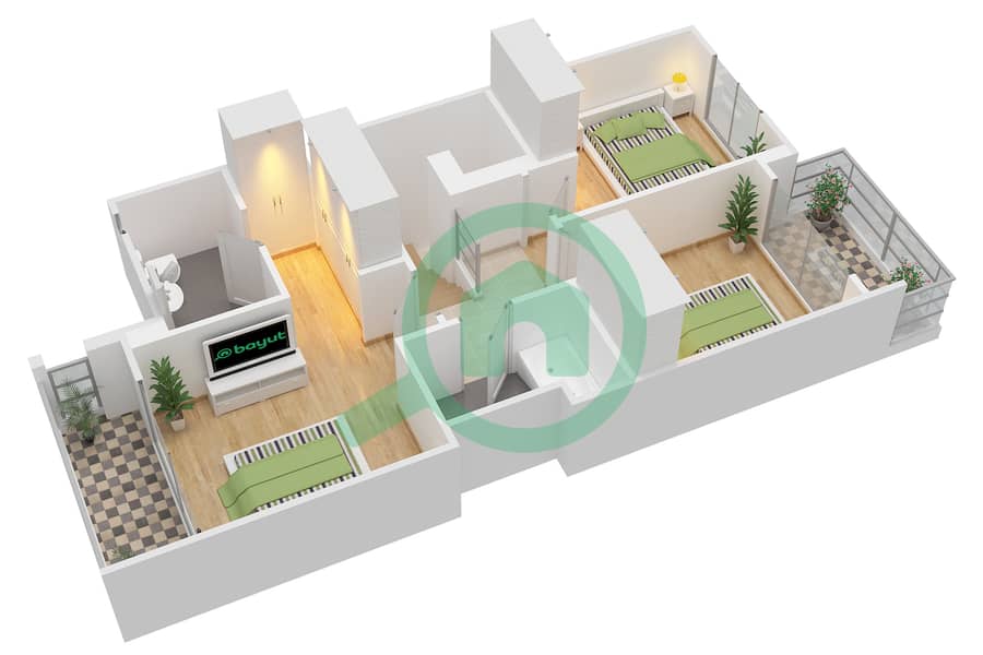 المخططات الطابقية لتصميم النموذج 2 MIDDLE تاون هاوس 3 غرف نوم - جوي First Floor interactive3D