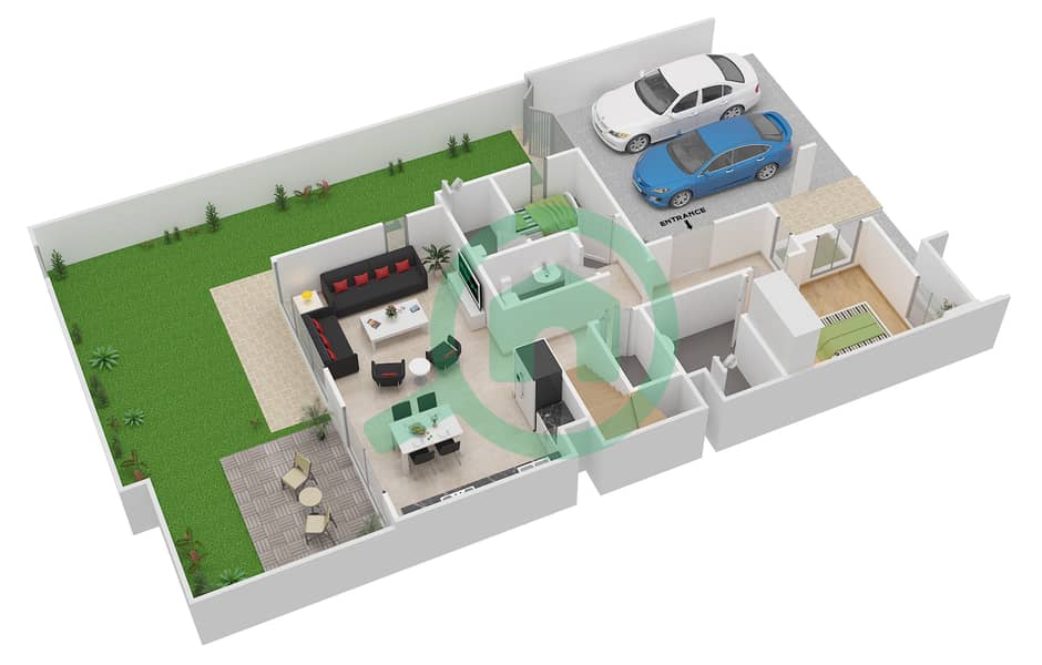 المخططات الطابقية لتصميم النموذج 1 تاون هاوس 4 غرف نوم - جوي Ground Floor interactive3D