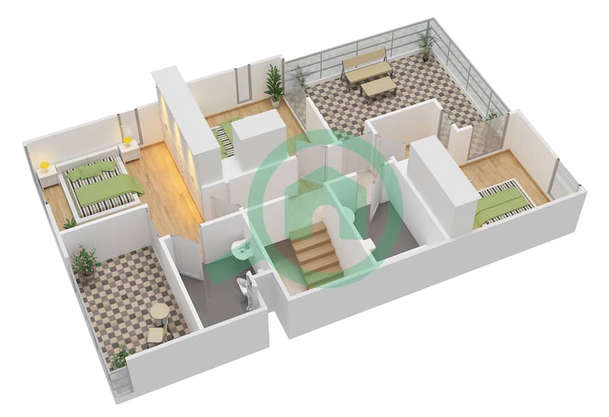 المخططات الطابقية لتصميم النموذج 1 تاون هاوس 4 غرف نوم - جوي First Floor interactive3D