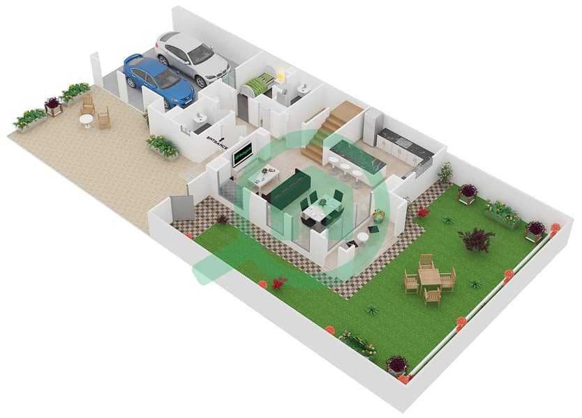 Белла Каса - Таунхаус 3 Cпальни планировка Тип B Ground Floor interactive3D