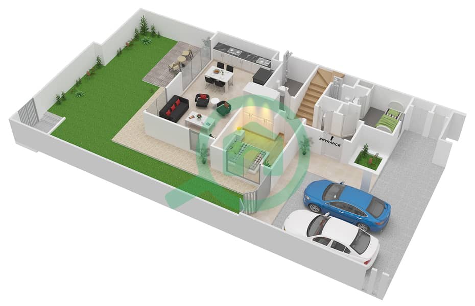 المخططات الطابقية لتصميم النموذج 6 تاون هاوس 4 غرف نوم - ربيع Ground Floor interactive3D