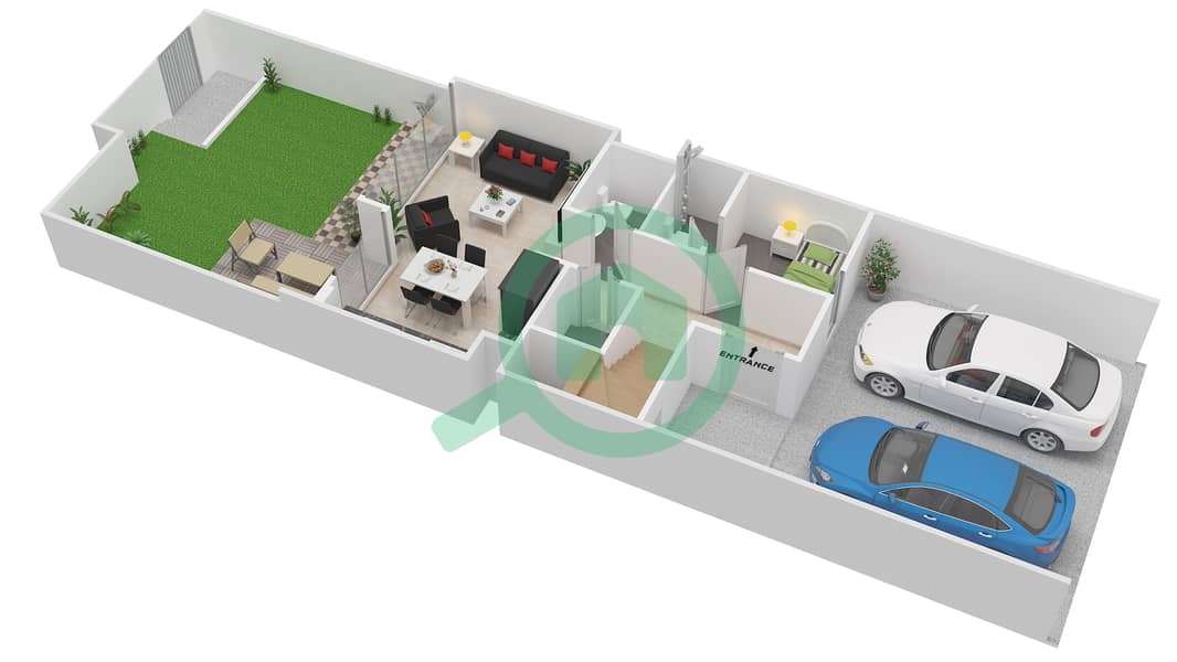 المخططات الطابقية لتصميم النموذج 6 تاون هاوس 3 غرف نوم - ربيع Ground Floor interactive3D
