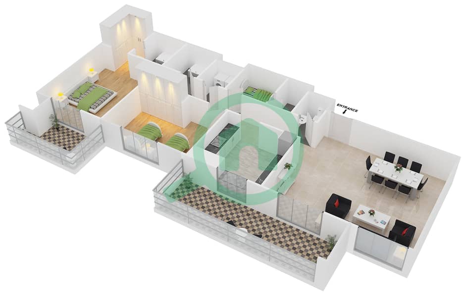 阿齐兹鸢尾公寓 - 2 卧室公寓类型／单位7B/10戶型图 interactive3D