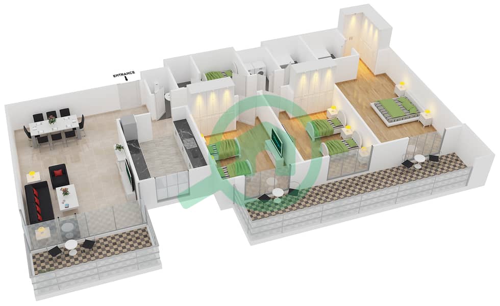 المخططات الطابقية لتصميم النموذج / الوحدة 1C/09 شقة 3 غرف نوم - عزيزي آيريس interactive3D