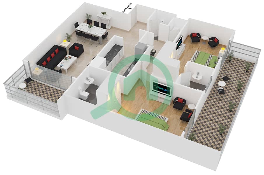阿齐兹鸢尾公寓 - 2 卧室公寓类型／单位6B/07戶型图 interactive3D