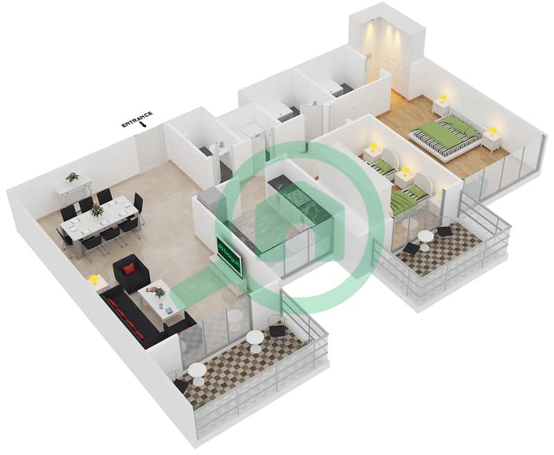 المخططات الطابقية لتصميم النموذج / الوحدة 5B/05 شقة 2 غرفة نوم - عزيزي آيريس interactive3D