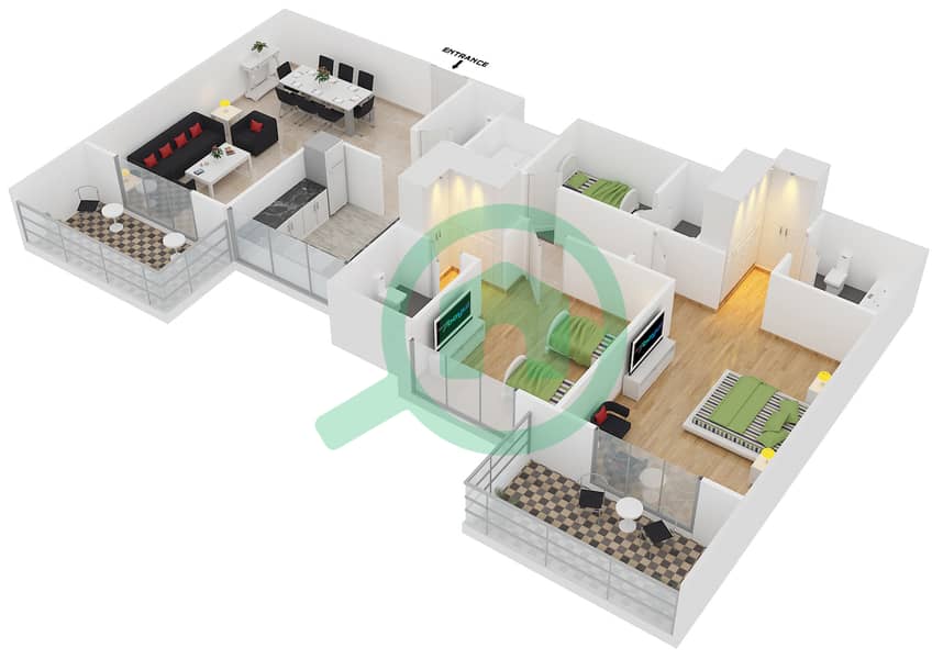 阿齐兹鸢尾公寓 - 2 卧室公寓类型／单位4B/04戶型图 interactive3D