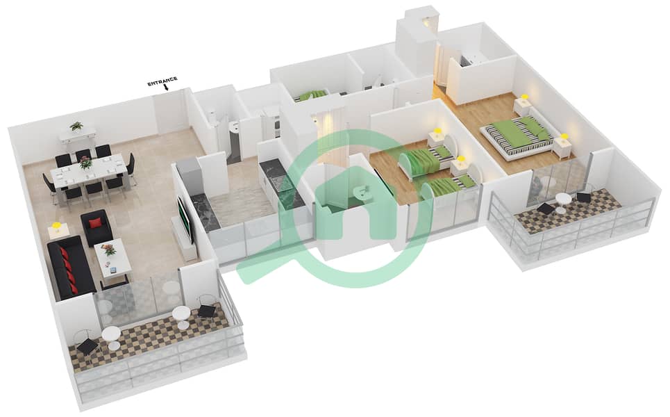 Азизи Ирис - Апартамент 2 Cпальни планировка Тип/мера 3B/03 interactive3D