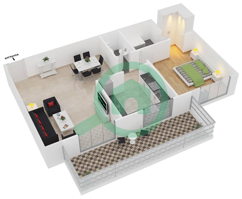 Азизи Ирис - Апартамент 1 Спальня планировка Тип/мера 2A/08 interactive3D