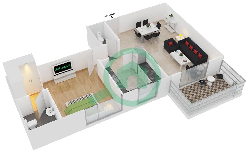 阿齐兹鸢尾公寓 - 1 卧室公寓类型／单位1A/06戶型图 interactive3D