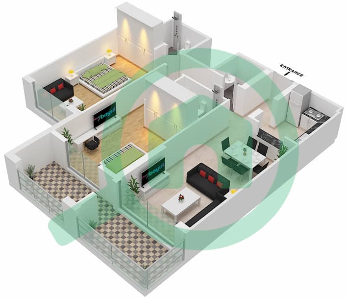 Аль Валид Гарденс - Апартамент 2 Cпальни планировка Единица измерения 13 Floor 2-13 interactive3D