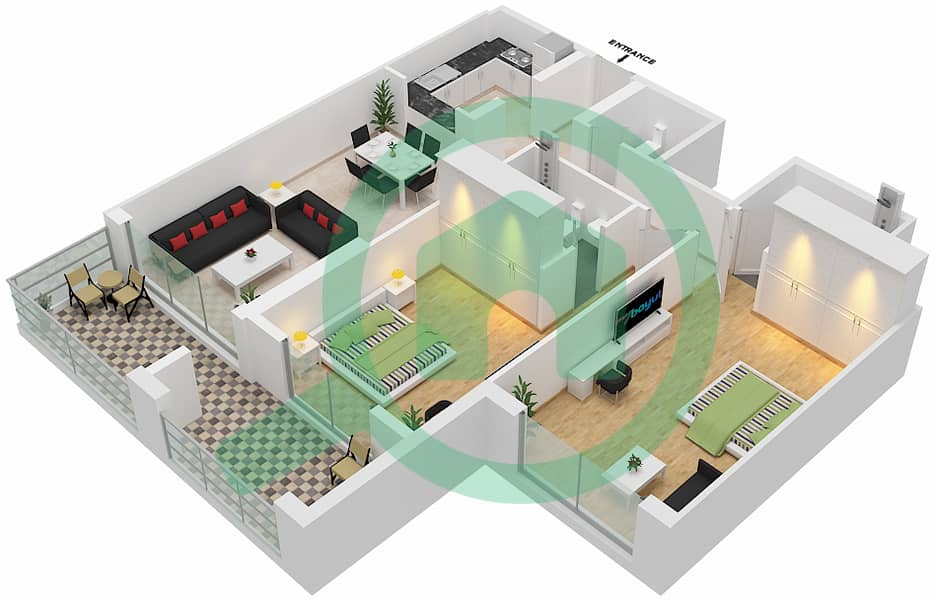 المخططات الطابقية لتصميم الوحدة 12 شقة 2 غرفة نوم - حدائق الوليد Floor 2-13 interactive3D