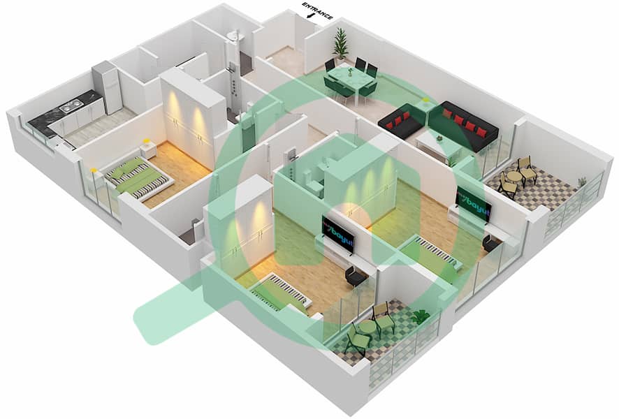 Al Waleed Gardens - 3 Bedroom Apartment Unit 11 Floor plan Floor 2-13 interactive3D