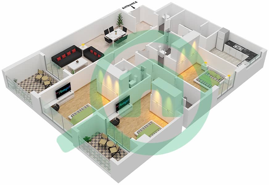 Аль Валид Гарденс - Апартамент 3 Cпальни планировка Единица измерения 10 Floor 2-13 interactive3D