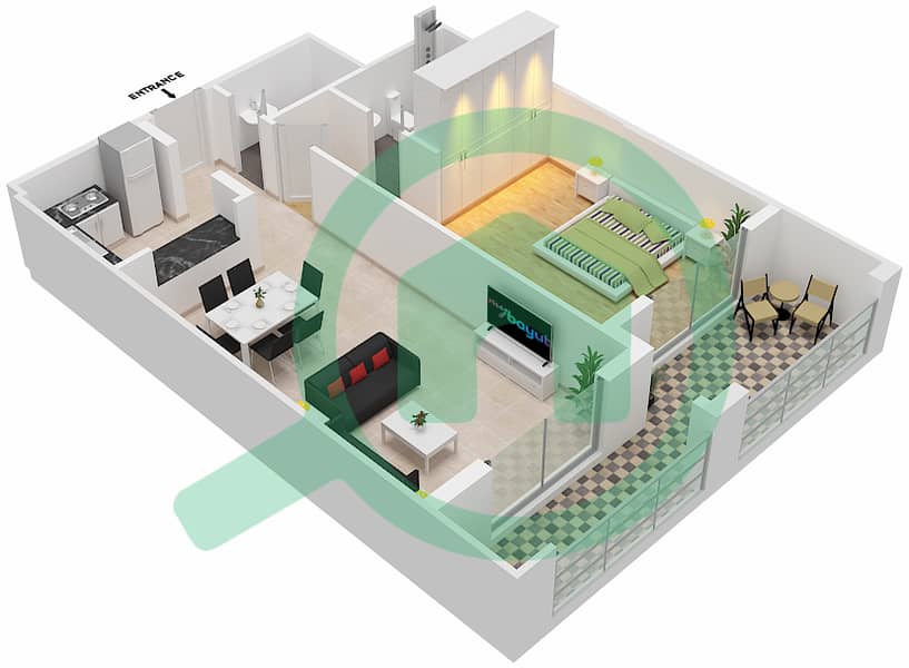 Al Waleed Gardens - 1 Bedroom Apartment Unit 8 Floor plan Floor 2-13 interactive3D