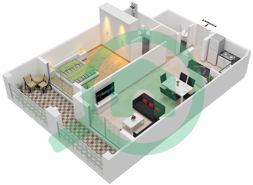 المخططات الطابقية لتصميم الوحدة 7 شقة 1 غرفة نوم - حدائق الوليد Floor 2-13 interactive3D
