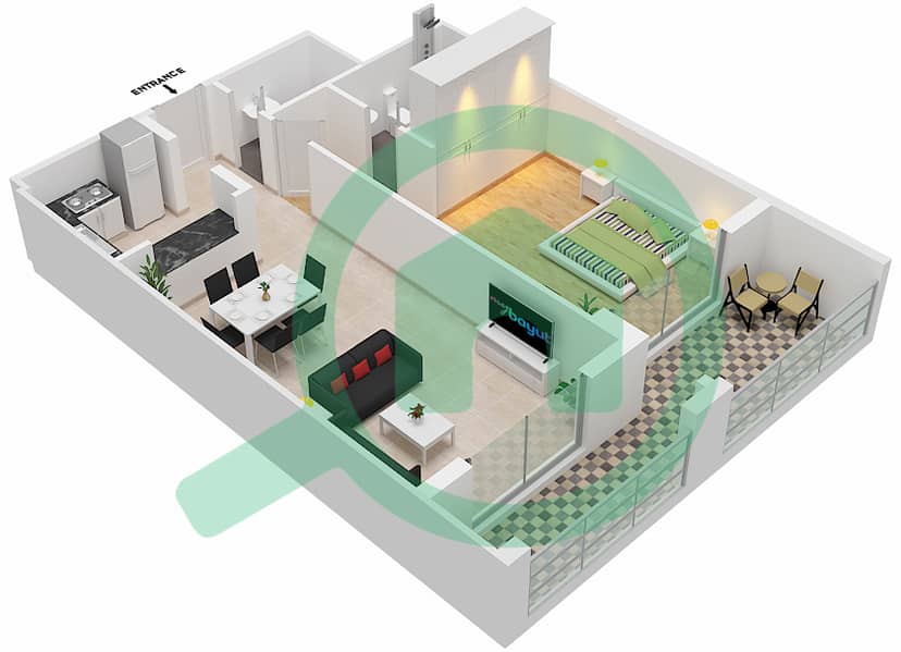 Al Waleed Gardens - 1 Bedroom Apartment Unit 6 Floor plan Floor 2-13 interactive3D