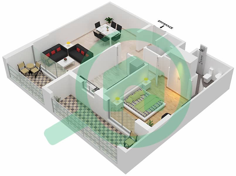 瓦利德花园公寓 - 1 卧室公寓单位3戶型图 Floor 2-13 interactive3D