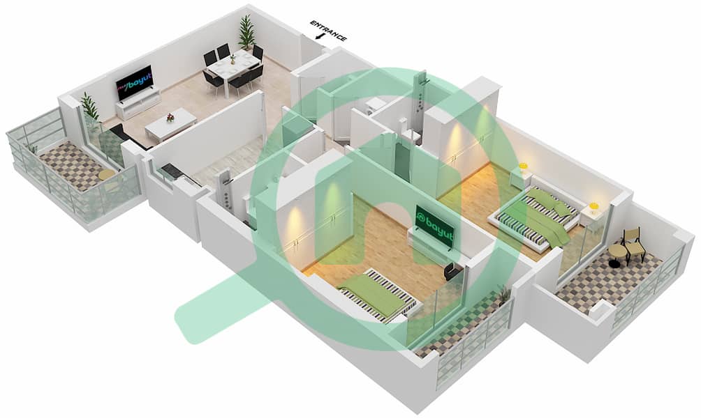Al Waleed Gardens - 2 Bedroom Apartment Unit 2 Floor plan Floor 2-13 interactive3D