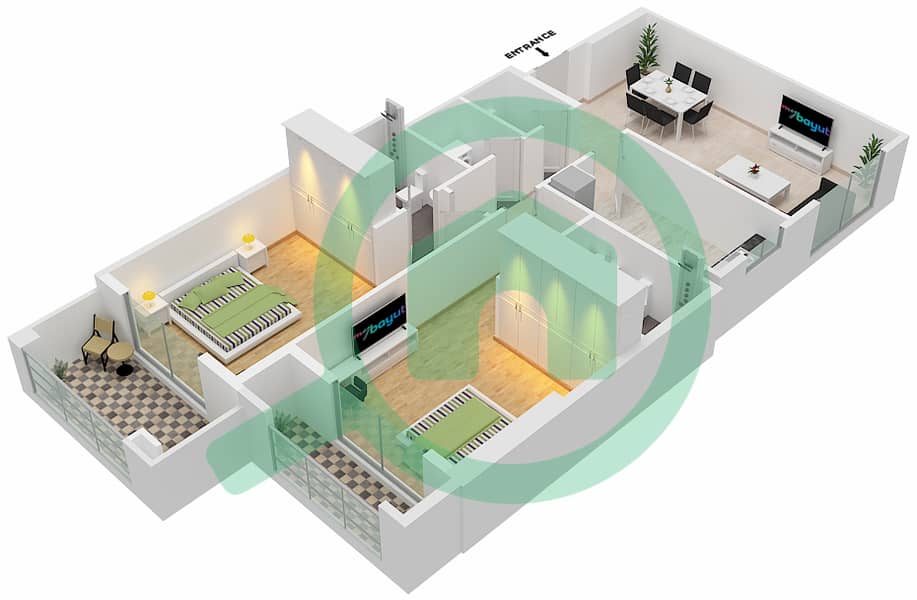 Al Waleed Gardens - 2 Bedroom Apartment Unit 1 Floor plan Floor 2-13 interactive3D
