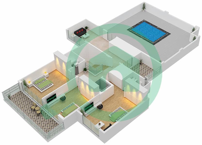 瓦利德花园公寓 - 3 卧室顶楼公寓单位1戶型图 Floor 14th interactive3D