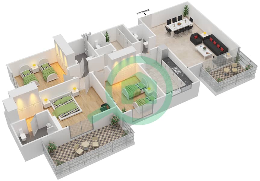 阿齐兹小苍兰公寓 - 3 卧室公寓类型／单位2C/09戶型图 interactive3D