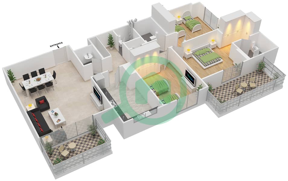 المخططات الطابقية لتصميم النموذج / الوحدة 1C/08 شقة 3 غرف نوم - عزيزي فريسيا interactive3D