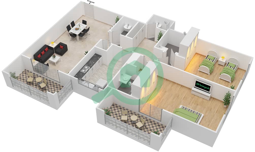 المخططات الطابقية لتصميم النموذج / الوحدة 1B/01 شقة 2 غرفة نوم - عزيزي فريسيا interactive3D