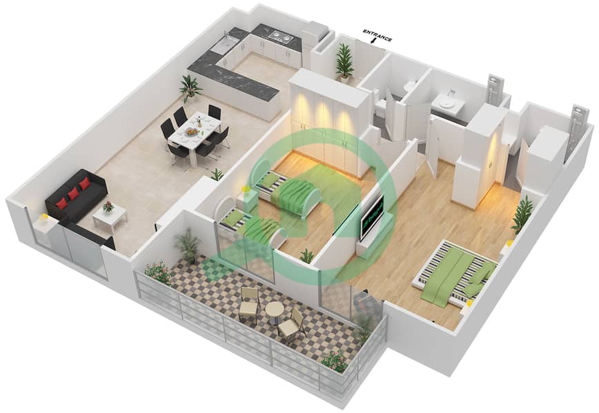 المخططات الطابقية لتصميم النموذج / الوحدة 3B/03 شقة 2 غرفة نوم - عزيزي فريسيا interactive3D
