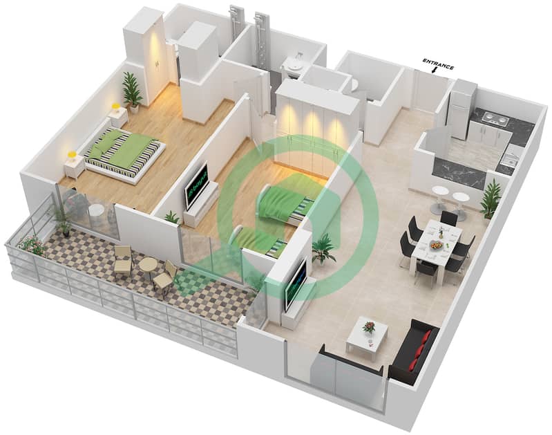 المخططات الطابقية لتصميم النموذج / الوحدة 5B/07 شقة 2 غرفة نوم - عزيزي فريسيا interactive3D