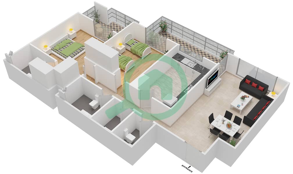 المخططات الطابقية لتصميم النموذج / الوحدة 6B/10 شقة 2 غرفة نوم - عزيزي فريسيا interactive3D