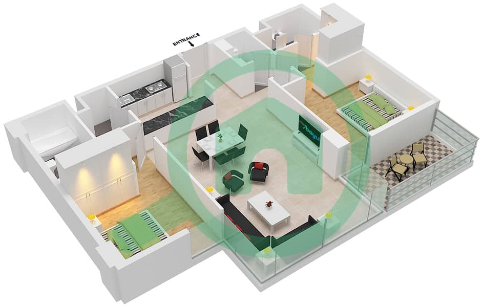 The Pulse Residence Icon - 2 Bedroom Apartment Type D Floor plan Floor 1,3,5,7,9 interactive3D