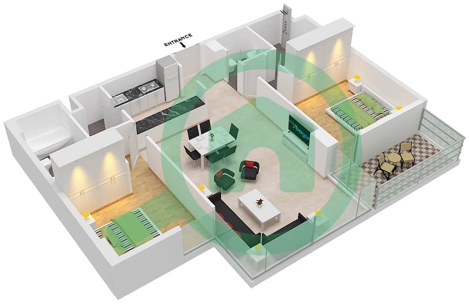 The Pulse Residence Icon - 2 Bedroom Apartment Type E Floor plan Floor 1,3,5,7,9 interactive3D