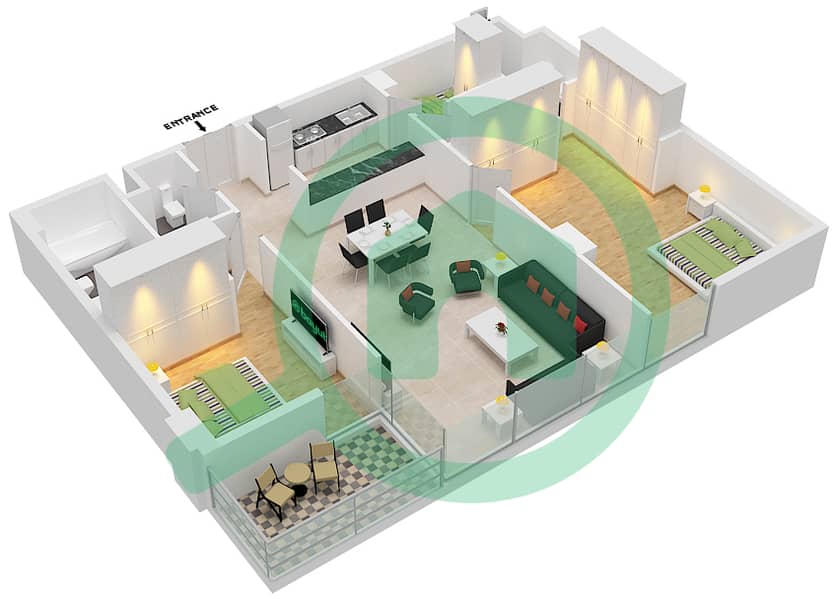 المخططات الطابقية لتصميم النموذج F شقة 2 غرفة نوم - ذا بلس ريزيدنس ايكون Floor 2,4,6,8,10 interactive3D