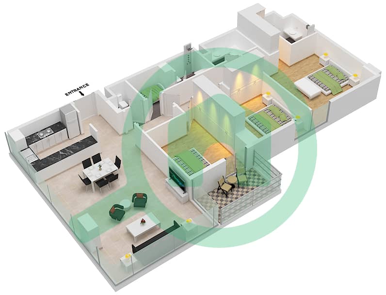 المخططات الطابقية لتصميم النموذج I شقة 3 غرف نوم - ذا بلس ريزيدنس ايكون Floor 2,4,6,8,10 interactive3D