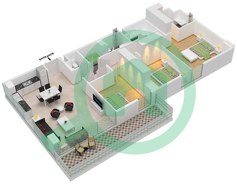 The Pulse Residence Icon - 3 Bedroom Apartment Type J Floor plan Floor 1,3,5,7,9 interactive3D