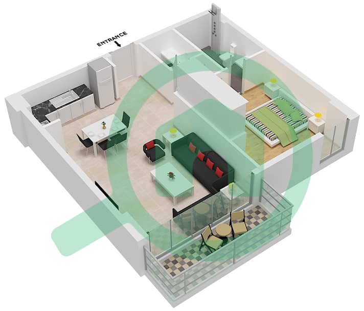 المخططات الطابقية لتصميم النموذج N شقة 1 غرفة نوم - ذا بلس ريزيدنس ايكون interactive3D