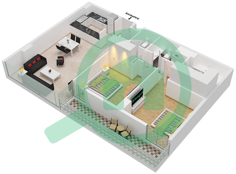 المخططات الطابقية لتصميم النموذج R شقة 2 غرفة نوم - ذا بلس ريزيدنس ايكون Floor 2,4,6,8,10 interactive3D