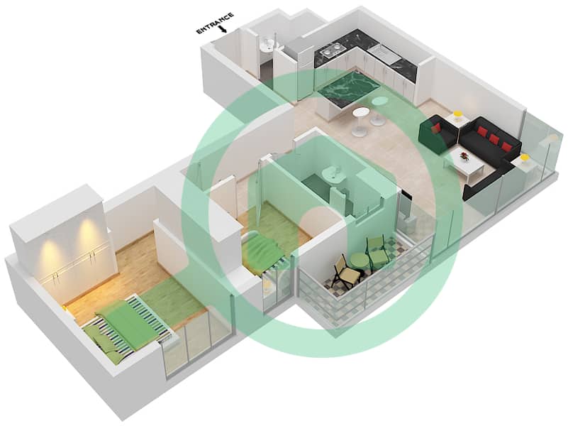 المخططات الطابقية لتصميم النموذج T شقة 2 غرفة نوم - ذا بلس ريزيدنس ايكون Floor 2,4,6,8,10 interactive3D