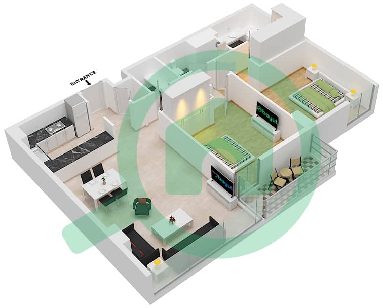 المخططات الطابقية لتصميم النموذج V شقة 2 غرفة نوم - ذا بلس ريزيدنس ايكون Floor 1,3,5,7,9,11 interactive3D