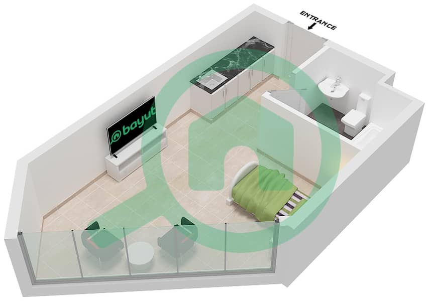 المخططات الطابقية لتصميم النموذج H شقة استوديو - بلو میراج interactive3D