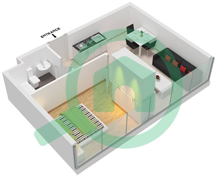 المخططات الطابقية لتصميم النموذج C شقة 1 غرفة نوم - بلو میراج interactive3D