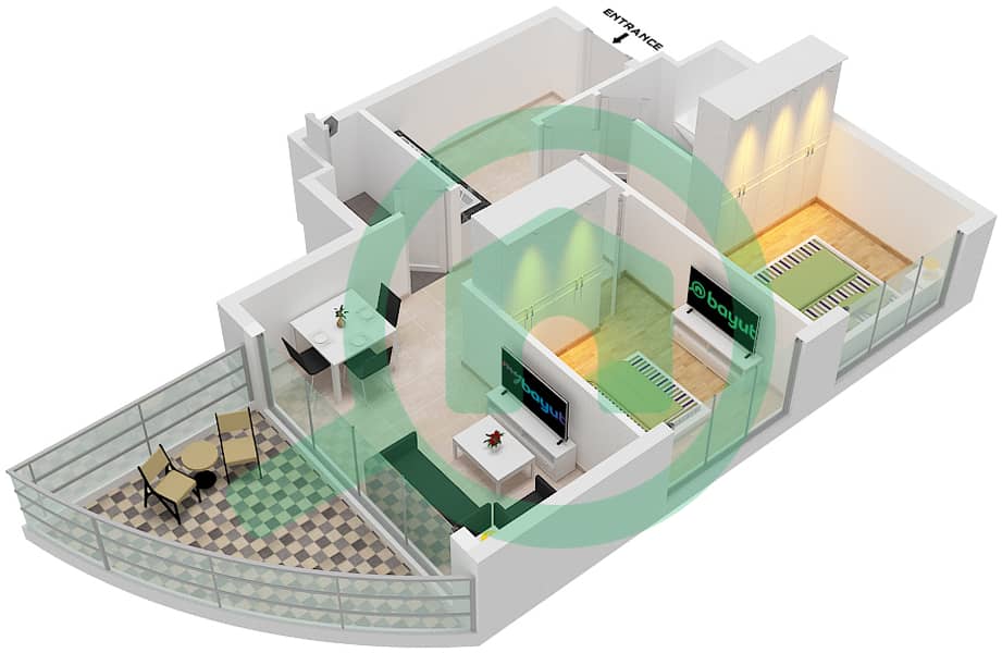 المخططات الطابقية لتصميم النموذج D شقة 2 غرفة نوم - بلو میراج interactive3D