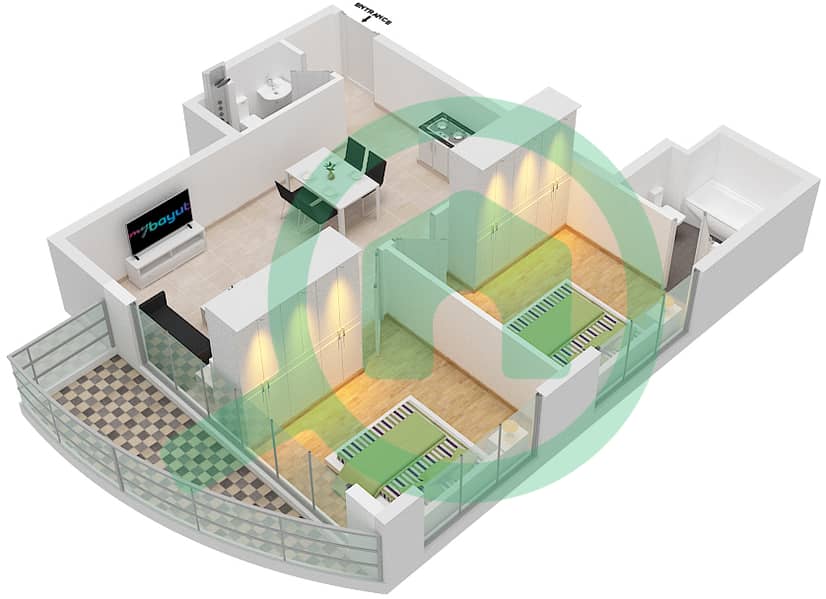 المخططات الطابقية لتصميم النموذج E شقة 2 غرفة نوم - بلو میراج interactive3D